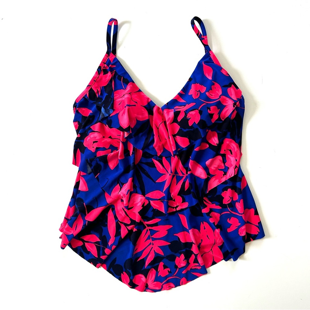 Aqua Green Navy Blue Magenta Pink Tropical Floral Print Tiered Tankini Swim Top